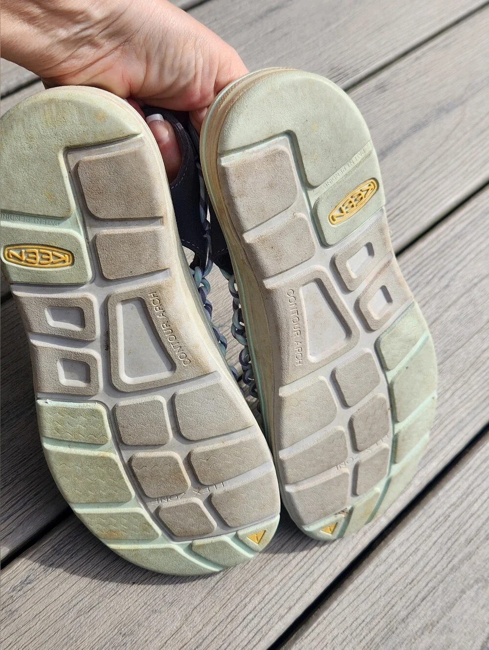 KEEN Womens UNEEK Braided Sandals in Dark Gray and Light Mint